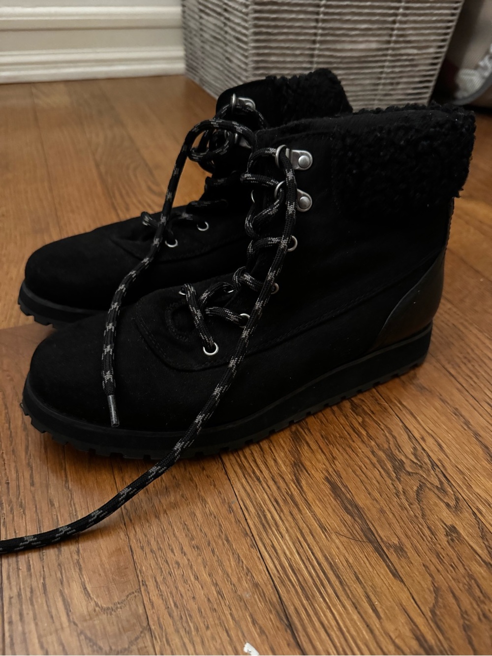 Women's Black Faux-Shearling Lace-Up Ankle Boots